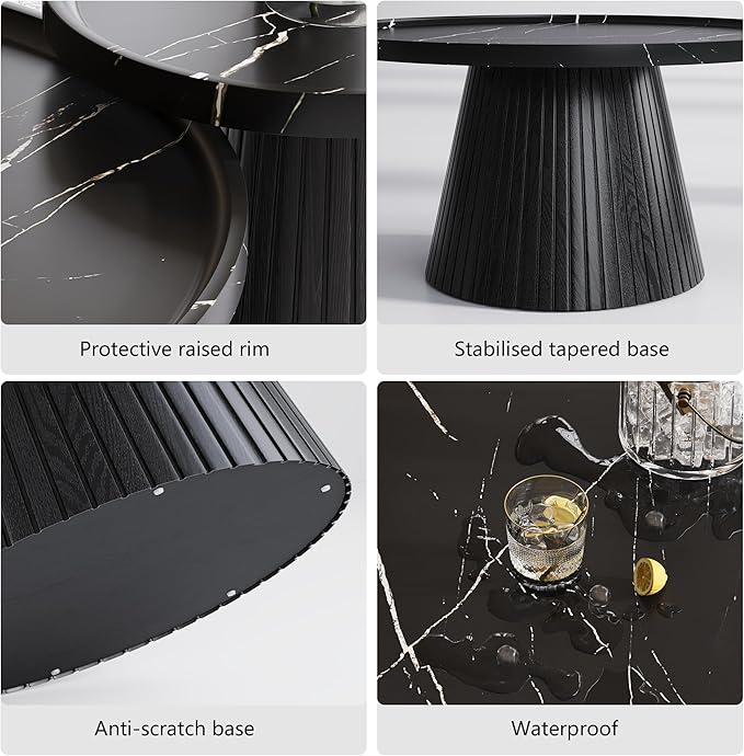 win2win Nesting Coffee Table Set of 2, Modern Coffee Table with Marble Veneer, Fluted Round Tea Table and End Table Set, Minimalist Center Tables for Living Room, Office, Black