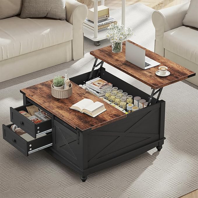 31.5" Lift Top Coffee Table with Storage, Farmhouse Coffee Tables for Living Room, Square Coffee Table with Large Hidden Storage Compartment, 2 Drawers & Removable Shelves, Black