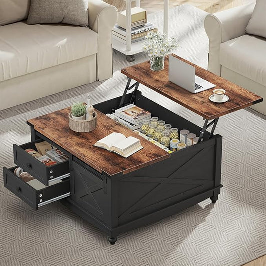 31.5" Lift Top Coffee Table with Storage, Farmhouse Coffee Tables for Living Room, Square Coffee Table with Large Hidden Storage Compartment, 2 Drawers & Removable Shelves, Black