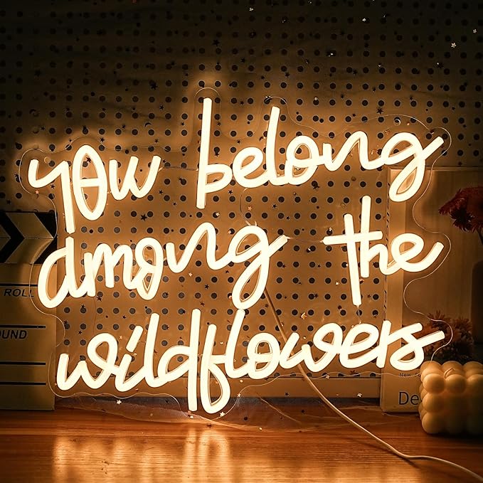 You Belong Among The Wildflowers Neon Sign for Wall Decor Dimmable Warm White LED Letters Neon Light for Living Room Garden Art Wall Neon Decor Personzalized Gift(16.5 * 12.6In)
