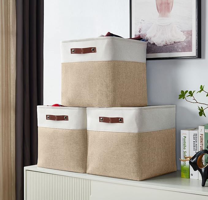 DECOMOMO Storage Cubes, 12x12 Storage Bins, Baskets for Shelves (Beige & White, Cube 12" - 4 Pack)