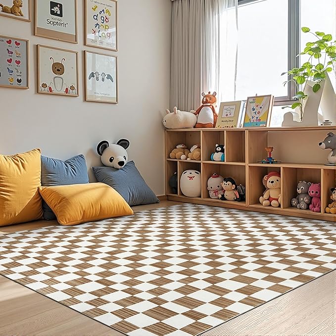 jinchan 6x9 Brown Checkered Area Rugs for Kids Room - Machine Washable Rug Modern Neutral Geometric Lattice Soft Non-Slip Carpet for Nursery Playroom Classroom Living Room Bedroom Home Office