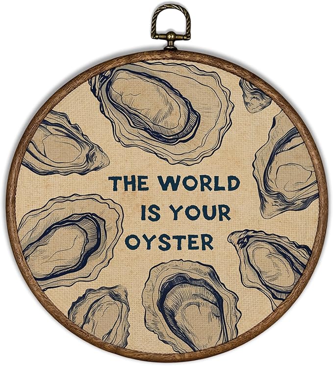 XBBMGG Oyster Wall Art Decor, Coastal Vintage Oyster Shell Round Wall Hanging Decor, Beach Ocean Nautical The World Is Your Oyster Framed Canvas Prints for Living Room Bathroom Decorations, 10x10inch