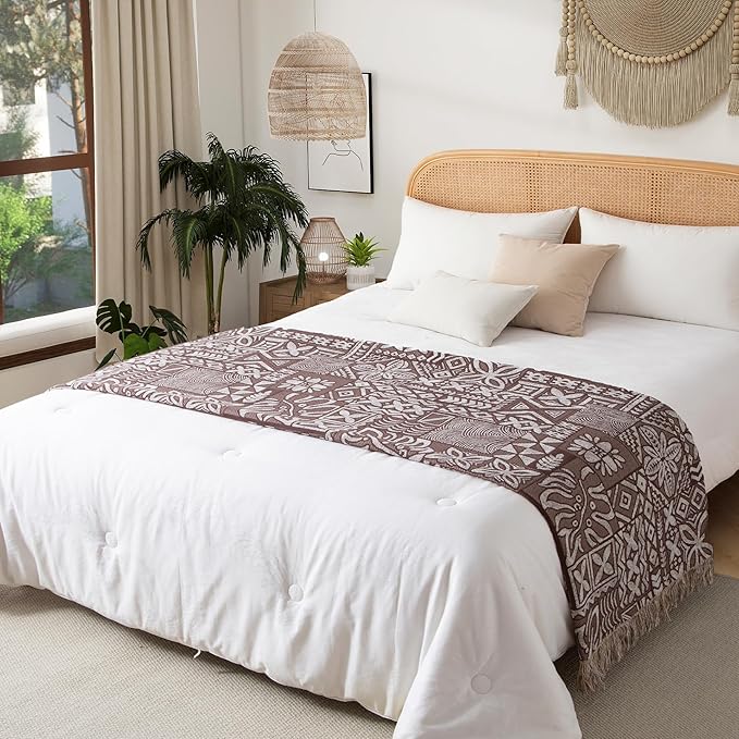 Boho Throw Blanket Twin Size, Soft Cozy Cotton Muslin Quilt Blanket for Bed Decor, Patchwork Block Couch Sofa Chair Cover, Vintage Farmhouse Cottage Tapestry Woven Blanket, Brown&White