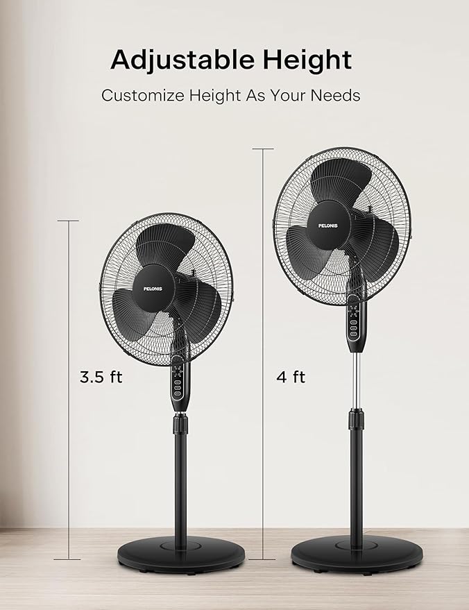 PELONIS 16'' Pedestal Fan for Bedoom, Remote, Standing Fan with 7-Hour Timer, 90° Oscillation, 3-Speeds, Adjustable Height, Electric Cooling Fans for Living Room and Office