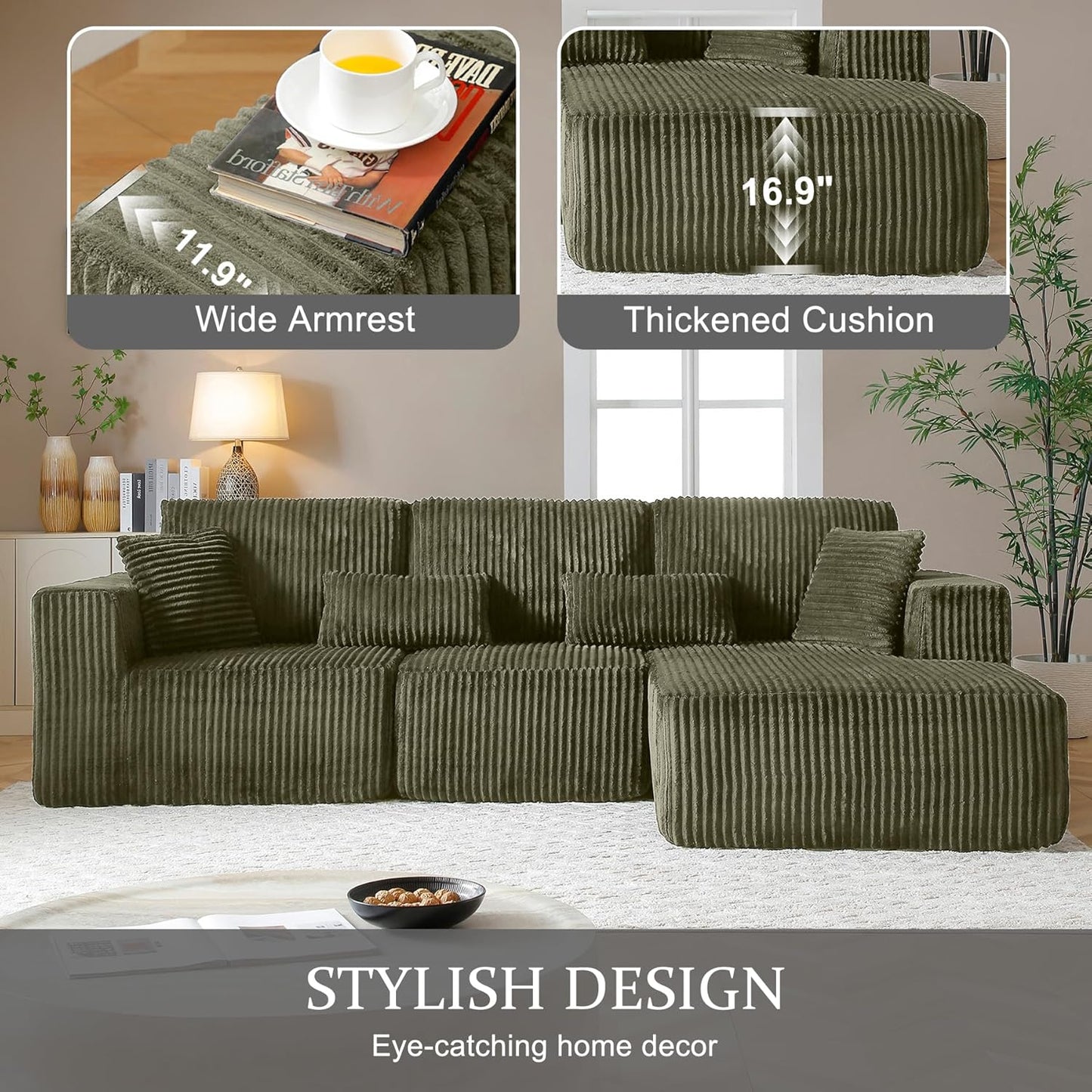 Modular Sectional Sofa Cloud Sectional Couch, 135" Comfy Fluffy L Shaped Olive Green Couches for Living Room, Deep Seat Memory Foam Plush Corduroy Boneless Couch Sectionals Right Facing Chaise Sofa