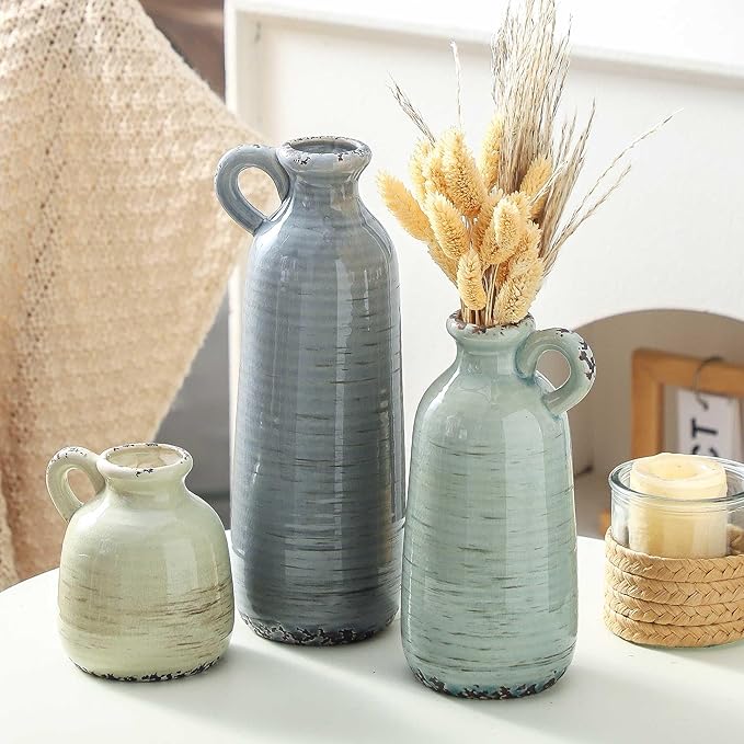 Ceramic Vase Set of 3 | Neutral Vase Home Decor with Handle | Pottery Modern Farmhouse Vases Pampas Grass Flower Vases for Home Decor Table Living Room Centerpieces Mantel Decor - Multicolor