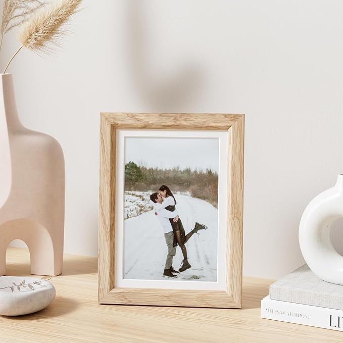 5x7 Picture Frame Natural Solid Oak Photo Frames with 4x6 Removable Mat Wall Hanging Large Handcrafted Frame with HD Plexiglass Wall and Tabletop Display Large Poster Frame