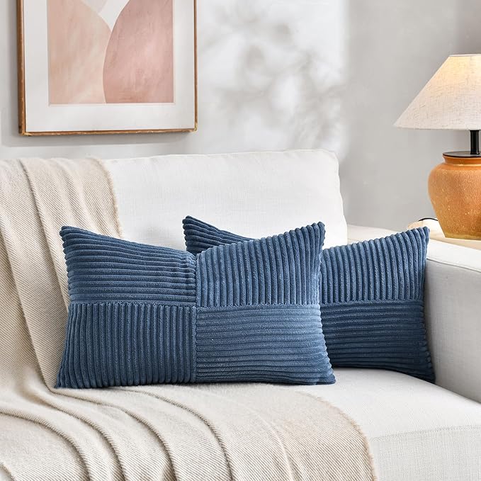 Fancy Homi 2 Packs Dusty Blue Long Lumbar Decorative Throw Pillow Covers 12x24 Inch for Couch Bed Sofa, Rustic Farmhouse Boho Home Decor, Soft Striped Corduroy Rectangle Accent Cushion Case 30x60 cm