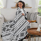 CASAAGUSTO Boho Throw Blanket - Black and White Decorative Blankets with Tassel, Printed Flannel Bohemian Blanket for Chair, Bed, Sofa, Couch(50 * 60, Black and White)
