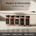 Glass Spice Jars with Label and Stainless Steel Lids (24 x 4oz) Spice Containers with 240 Labels, Shaker Inserts, Steel Funnel, Empty Square Empty Square Seasoning Organizer (Black)