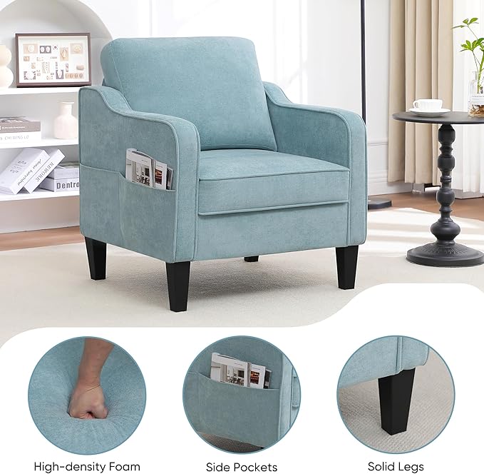Accent Chair for Living Room, Mid Century Modern Reading Chair for Bedroom, Upholstered Armchair with Side Pockets, Comfy Single Sofa Side Chair for Office, Apartment, Small Room, Teal Green