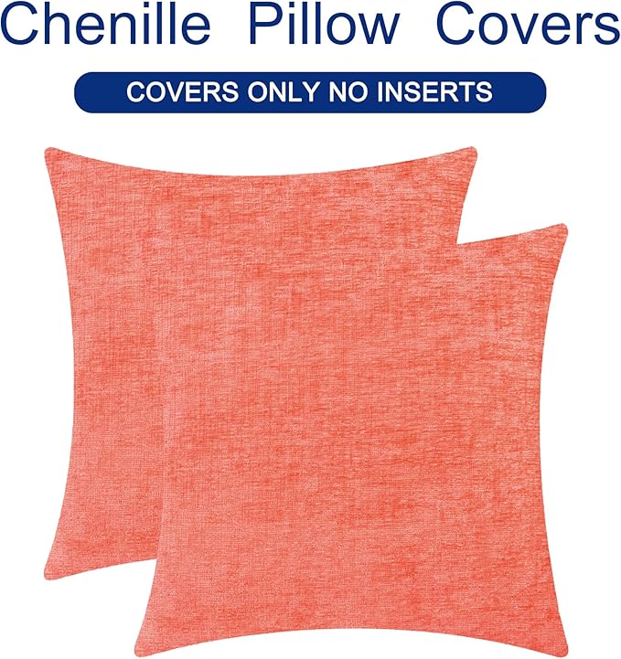 CaliTime Throw Pillow Covers Decorative 24 X 24 Inches Pack of 2 Cozy Chenille Cushion Cases for Couch Sofa Bed Living Room Home Living Coral
