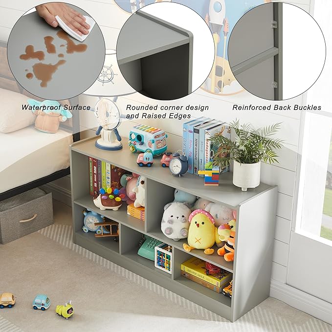 Toy Organizers and Storage, 5-Section Kids Bookshelf for Organizing Books Toys, School Classroom Wooden Storage Cabinet for Children's Room, Playroom, Nursery (Grey)