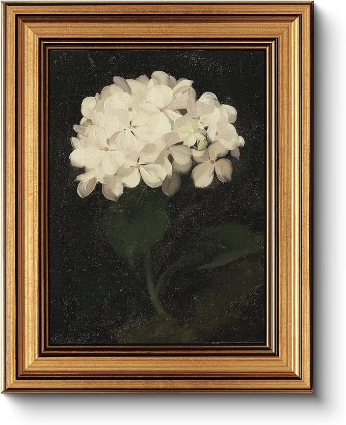 HUARCEY Gold Framed Vintage Wall Art for Living Room, Flowers Painting Canvas Prints Shelf Decor for Kitchen, Aesthetic Bedroom Wall Art, Christmas Gifts for Friends or Family (White Hydrangea 8"x10")
