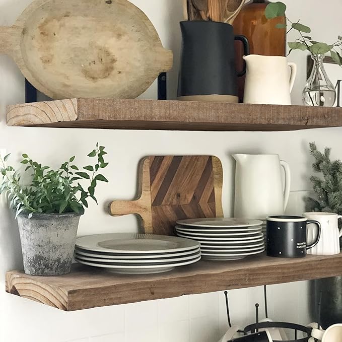 Floating Shelves, 8 Inch Deep Rustic Solid Reclaimed Wood Wall Shelves for Storage, Wall Mounted Display Shelving with Invisible Heavy-Duty Metal Bracket, 24 Inch Width Set of 2, Natural