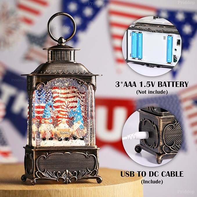 Gnome Snow Globe Lantern 4th of July Decorations with Timer, USB and Battery Powered 4th of July Shirts Patriotic Gnomes and American Flag Independence Day 10.2 inch