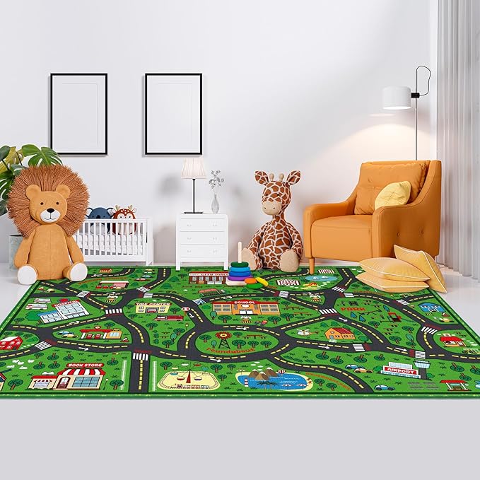 Kids Carpet Playmat Rug 5 x 7 ft Player Car Rug, City Life Traffic Road Map Mat Educational Game Area Mat for Toddler Children Playroom Classroom Bedroom(Green)