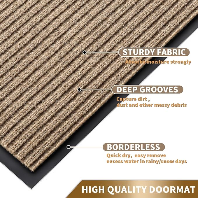 Yimobra Front Door Mat Outdoor Indoor Entrance, 100% Waterproof All-Season All Weather Doormat, Welcome Matt Outside Entry, Non Slip, Low Profile, Heavy Duty Patio Porch Floor Mats,29.5 x 17,Khaki