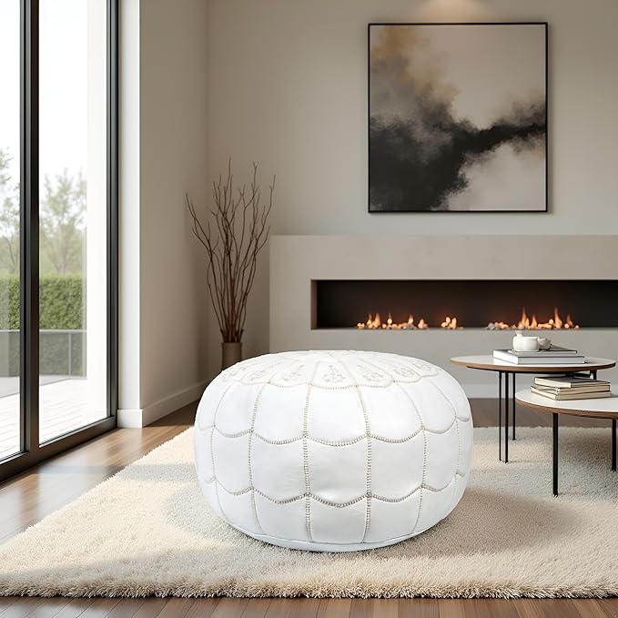 Stuffed Arch Design Moroccan Leather Pouf Ottoman, Handmade, Pre-Filled, 100% Genuine Leather, 14” Height x 22” Diameter – Boho Chic Footstool & Living Room Décor