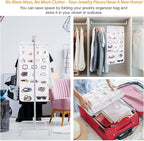 Freegrace Hanging Jewelry Organizer Revolving Hanger - Secure Zipper Closure - 25 Pockets,23 Hooks - Foldable Storage & Display Solution - For All Jewelry & Bijoux (White)