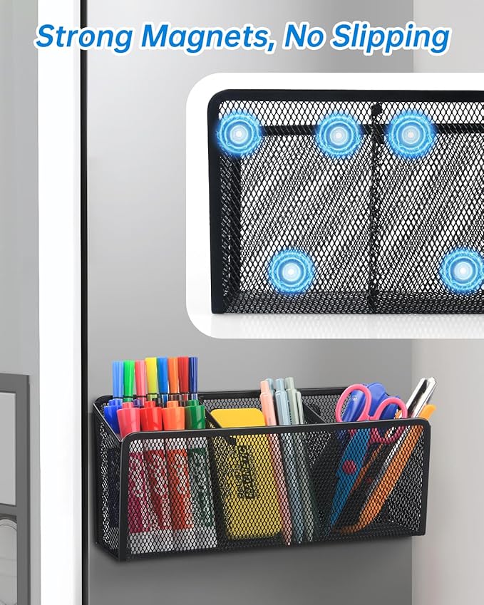 VICNOVA Magnetic Pencil Holder - Metal Pen Holder with Strong Magnets - Storage Basket Organizer for Whiteboard, Refrigerator, Locker Accessories