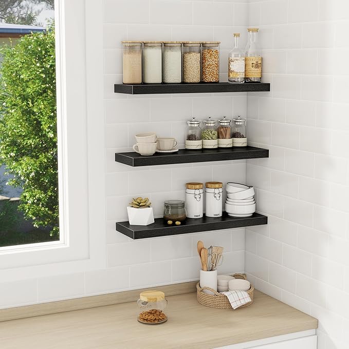 Fun Memories Black Floating Shelves Wall Shelf 24 Inch Long, Rustic Bathroom Shelves, Wall Mounted Wood Floating Shelf for Kitchen, Living Room, Bedroom, 24 x 6.7 x 1.4 inch Set of 3