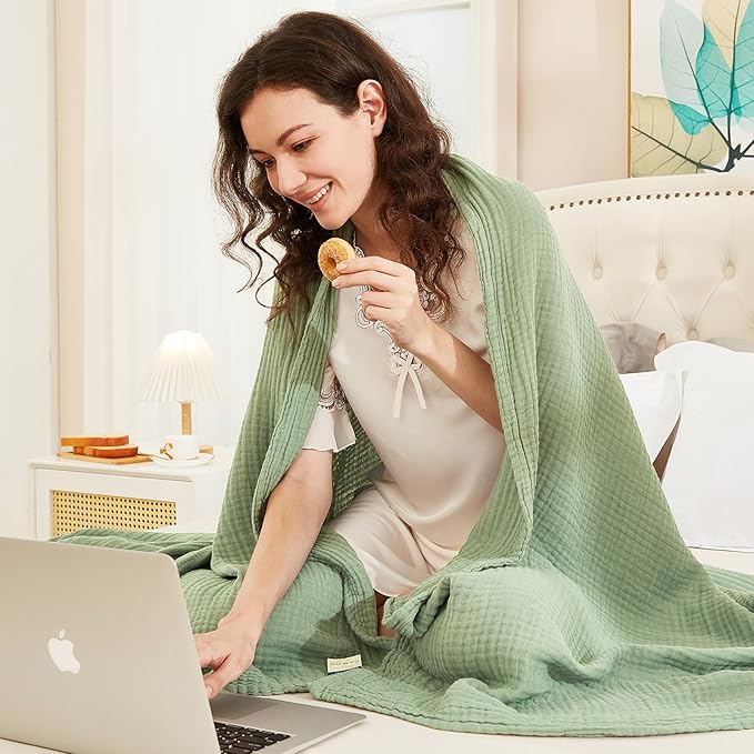 EMME Cotton Throw Blanket for Couch Soft Airy Muslin Bed Blankets Lightweight Breathable Blanket All Season Gauze Blanket, Sage Green