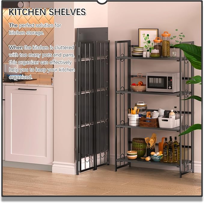 4NM No Assembly 4 Tiers Folding Bookshelf, 47.2" H Foldable Storage Shelves Vintage Bookcase Standing Racks Study Organizer Home Office - All Black