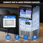 Commercial Ice Maker Machine 130 LBS/24H, 45 Ice Trays Freestanding & Undercounter Ice Machine Stainless Steel with 20 LBS Ice Storage Capacity, Ice Maker with Water Line and Filter, Dual Water Inlet