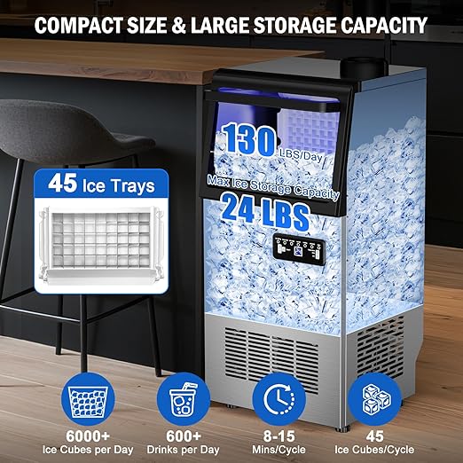 Commercial Ice Maker Machine 130 LBS/24H, 45 Ice Trays Freestanding & Undercounter Ice Machine Stainless Steel with 20 LBS Ice Storage Capacity, Ice Maker with Water Line and Filter, Dual Water Inlet