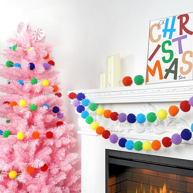 TBD Decor 2pk Rainbow Color Pom Pom Garland 13FT Colorful Large Felt Ball Garland for Mantle,Indoor Holiday Wedding Birthday Party Supplies