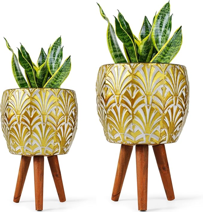 Harvest Land Plant Pots with Stand, Set of 2 Large Modern Planters Metal Tall Handmade Flower Pots with Drainage Holes Indoor Outdoor,Gold