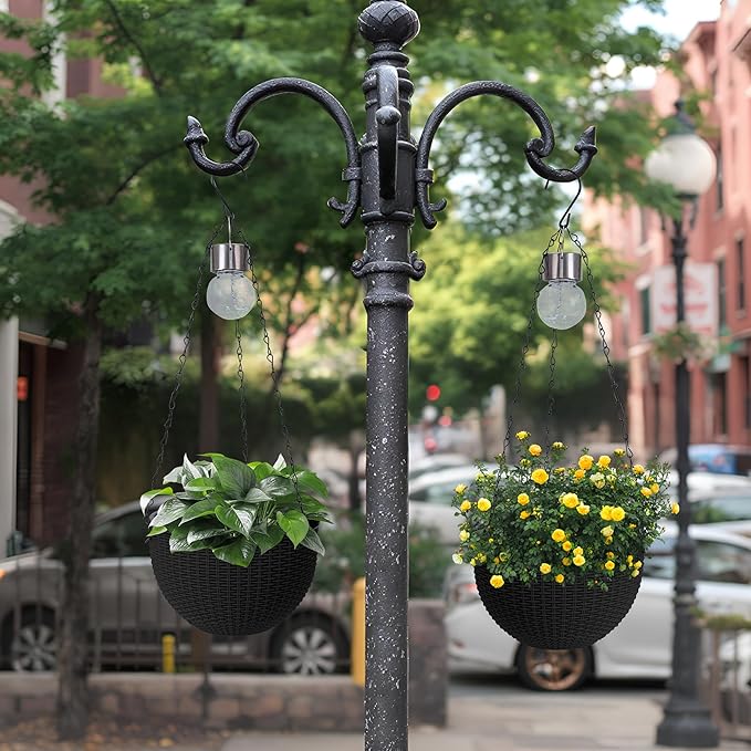 Hanging Baskets for Plants Outdoor - 2 Pack Black Plastic Solar Flower Pots with Drainage Holes & Removable Saucer, Self-Watering Hanging Planters for Garden, Porch, Balcony, Patio