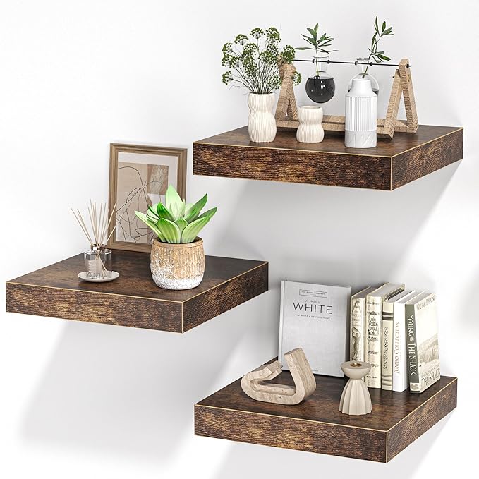 Square Floating Shelves for Wall, 12"W x 12"D x 1.2"H, Small Wooden Wall Mounted Display Shelf with Invisible Brackets for Living Room, Bedroom, Bathroom, Kitchen Decor, Set of 3, Rustic Brown