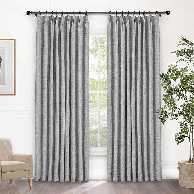 Macochico Pinch Pleated Full Blackout Curtains for Bedroom Living Room Light Grey Linen Curtains Thermal Insulated and Noise Reducing Window Panels with Tieback Shabby Chic Decor 84”Wx84”L 1 Panel