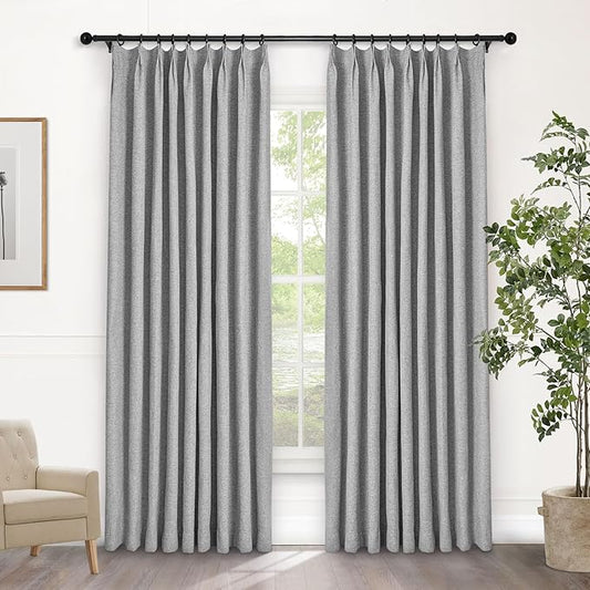 Macochico 100% Blackout Pinch Pleated Linen Curtains 84 Inch Length Thermal Blackout Curtains for Bedroom Living Room Nursery Light Grey Farmhouse Burlap Curtains with Tieback 52”Wx84”L 1 Panel