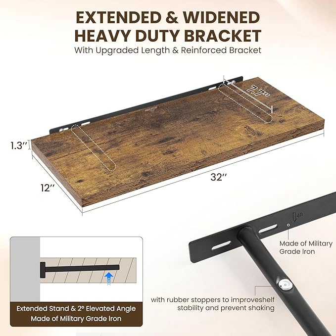 32" Floating Shelves for Wall, 12" Deep Slim Rustic Brown Floating Shelves, Wall-Mounted Shelves for Bedroom, Living Room, Kitchen, Bathroom - Set of 2