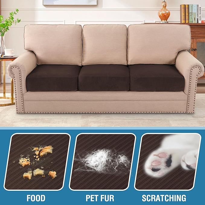 H.VERSAILTEX Velvet Stretch Couch Cushion Cover Plush Cushion Slipcover for Chair Loveseat Sofa Cushion Furniture Protector Seat Cushion Sofa Cover (3 Piece Sofa Cushion Covers, Brown Striped)