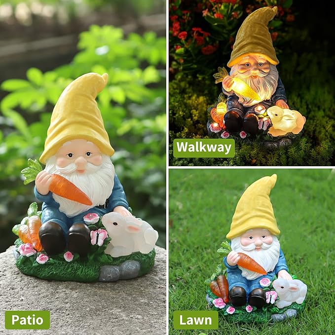 Solar Garden Outdoor Statues Gnome Feeding Rabbit with 6 LED Solar Figurine for Lawn,Patio,Balcony,Yard Decor Unique Housewarming Gift, for Grandfather, Father,Grandma