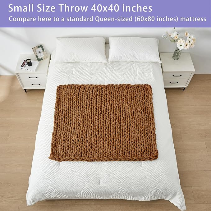Bigacogo Chunky Knit Throw Blanket for Couch, 40x40 inches, 100% Hand Knitted with Thick Jumbo Chenille Yarn, Cozy Soft Large Rope Knot Cable Crochet Blankets for Sofa Bed Living Room, Caramel