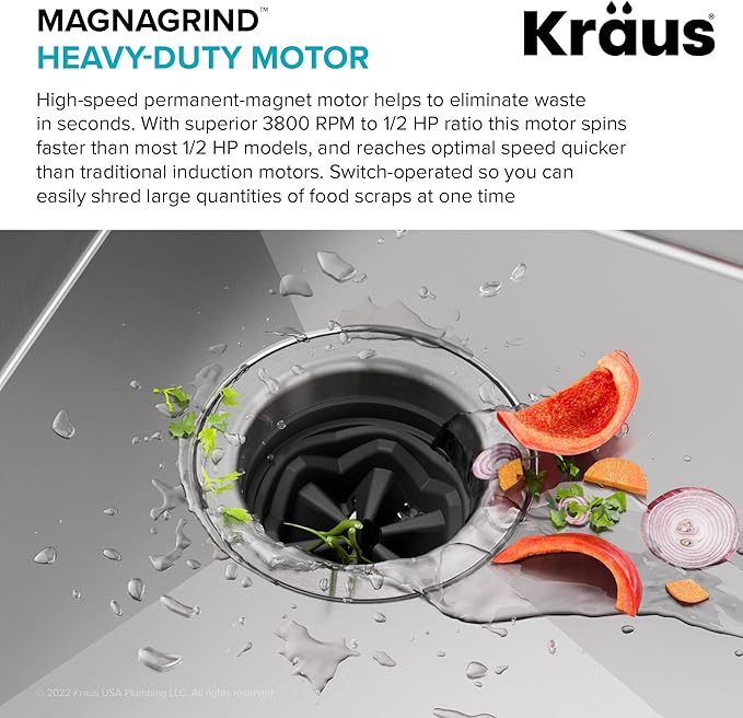 KRAUS® WasteGuard™ High-Speed 1/2 HP Continuous Feed Ultra-Quiet Motor Garbage Disposal with Power Cord and Flange Included and Universal Mount