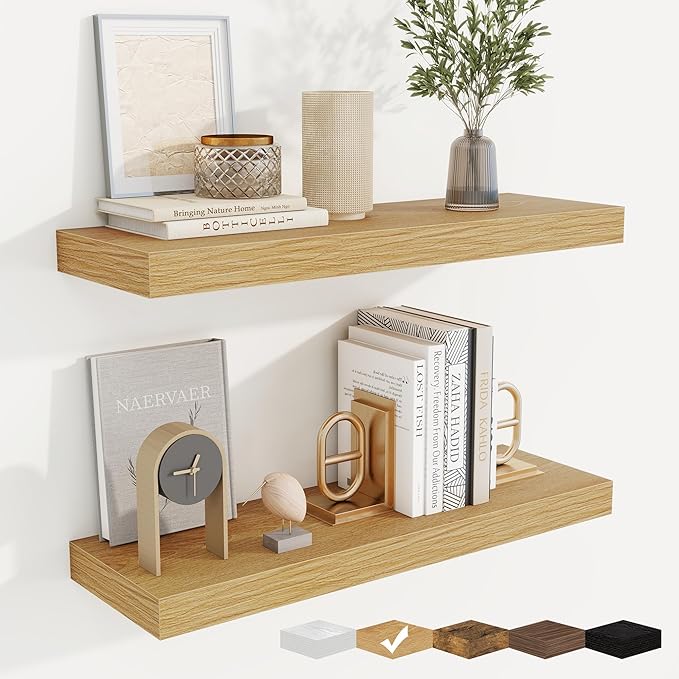 fuqing Floating Shelves for Wall, Bathroom Shelf Wall Mounted for Storage, Shelves with Invisible Bracket for Bedroom, Kitchen, Living Room, Farmhouse Small Book Shelf, 24 Inch Set of 2, Oak