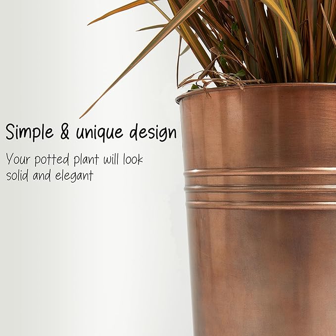 KOL 25'' Tall Galvanized Steel Planter Pot with Water Level Indicator - 2-Pack Self Watering Planters Flower Pot for Plants - Round Powder Metal Planter Box - Indoor Outdoor Grande Plant - Bronze