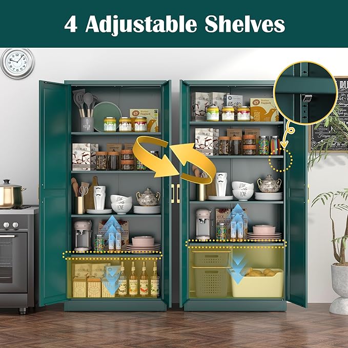 Kitchen Pantry Cabinet,71”Green Metal Pantry Storage Cabinets with Doors and 4 Adjustable Shelves,Kitchen Cabinet with 2 Gold Handles,Tall Cabinet for Livingroom, Bathroom