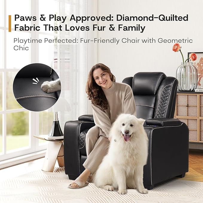 ANJ Power Recliner Home Theater Seating, Electric Recliner Chair with Adjustable Headrest,PU Leather Dual Motor Movie Reclining Chairs with Cup Holders LED Lights,USB Port,Hidden Arm Storage (Black)