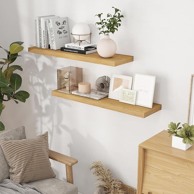 40 Inch Floating Shelvese, 40" W x 9" D Floating Shelf Set of 2, Farmhouse Wood Wall Shelves for Bedroom, Kitchen, Wall Mounted Deep Shelving for Home Decor, Oak Color