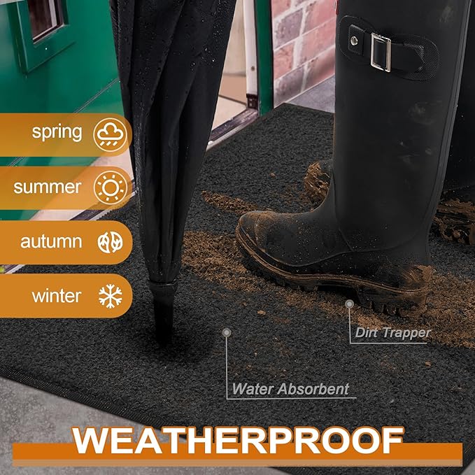 Mibao Dirt Trapper Door Mat for Indoor Outdoor, Waterproof All-Season, All-Weather Doormat, Heavy Duty Non-Slip Entrance Rug, Low Profile Absorbent Entrance Mat Carpet, 30" x 18", Black