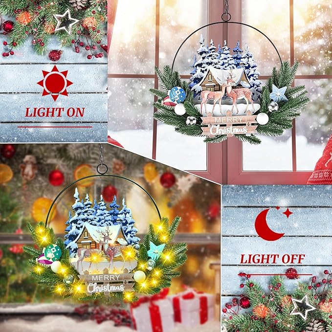 Light up Christmas Wreaths for Front Door, Welcome Metal Wooden Door Wreath Decor Hanging Sign, 30 LED Lighted Wall Decor Battery Operated for Halloween Indoor Outdoor (Deer)