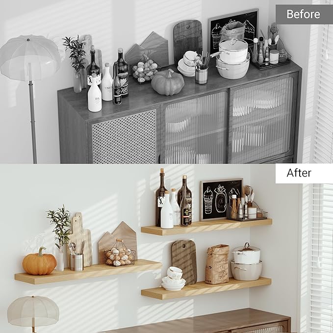 Single Floating Shelves Oak 48 Inches, 48 x 10 inch Deep x 1.8 in Thick, Long Wall Shelves Heavy Duty 80 lbs for Bedroom, Living Room, Kitchen, Office, Modern Shelf Book Home Decor